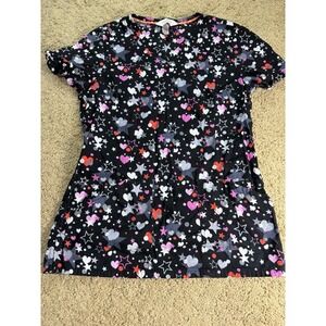 Code Happy Scrub Top Hearts and Stars Print Women XS Short Sleeve V-Neck
